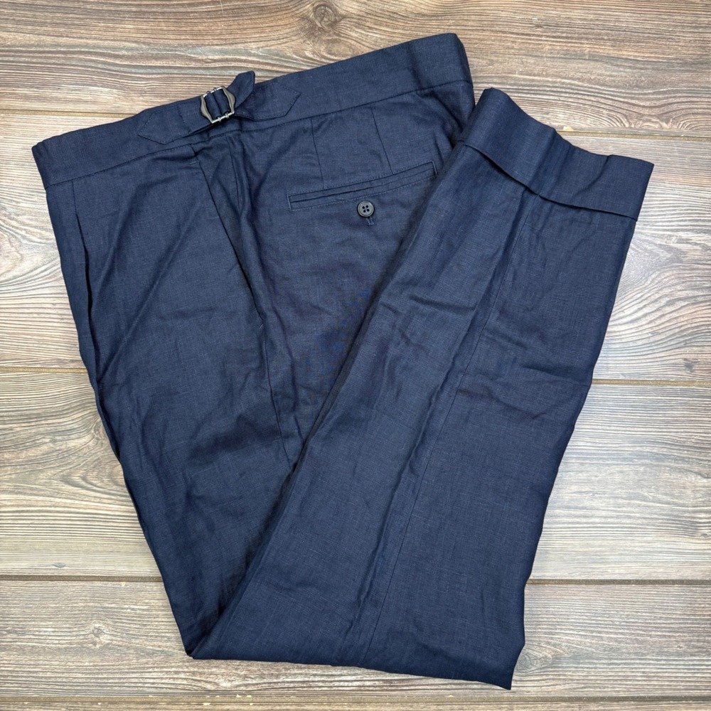 Collars & Co Mens Size 34x30 Amalfi Linen Trouser Navy Side Adjusters Cuffed - Picture 6 of 9